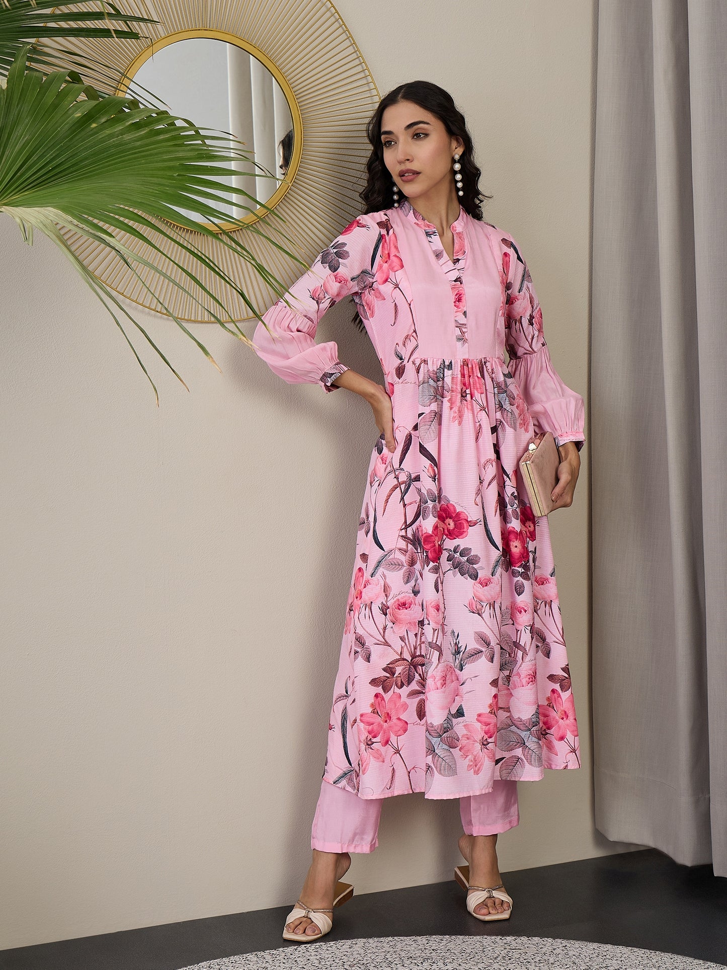 Floral Printed Mandarin Collar Puffed Sleeves Anarkali Kurta With Trousers
