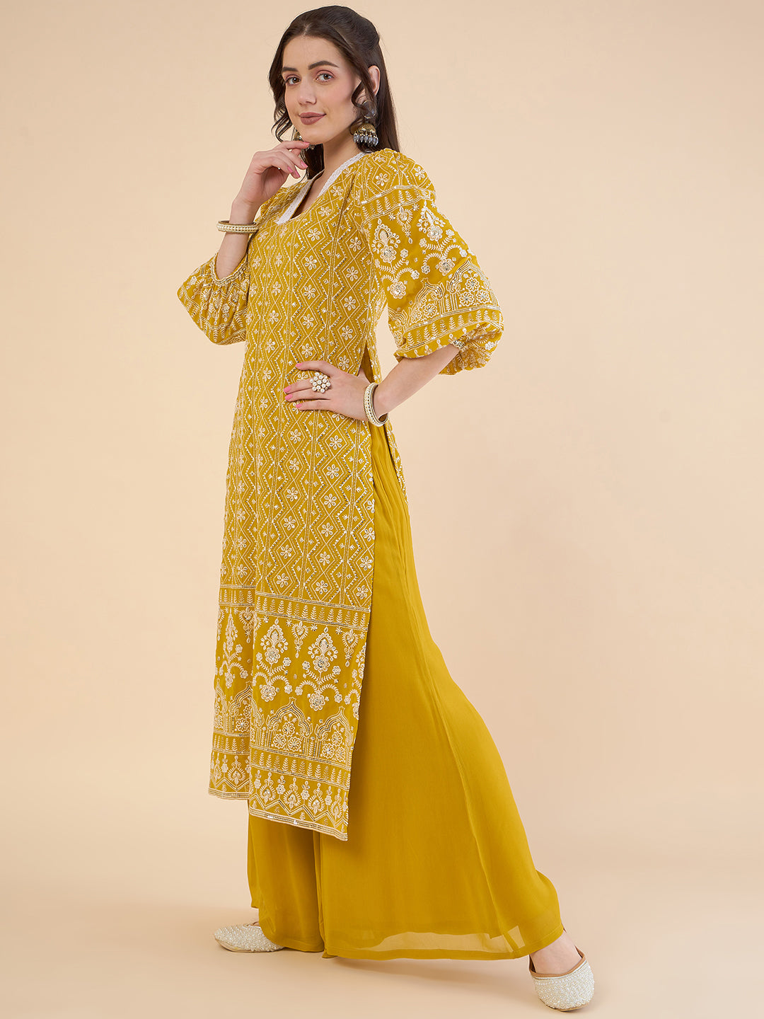 Embroidered Regular Chikankari Kurta with Palazzos
