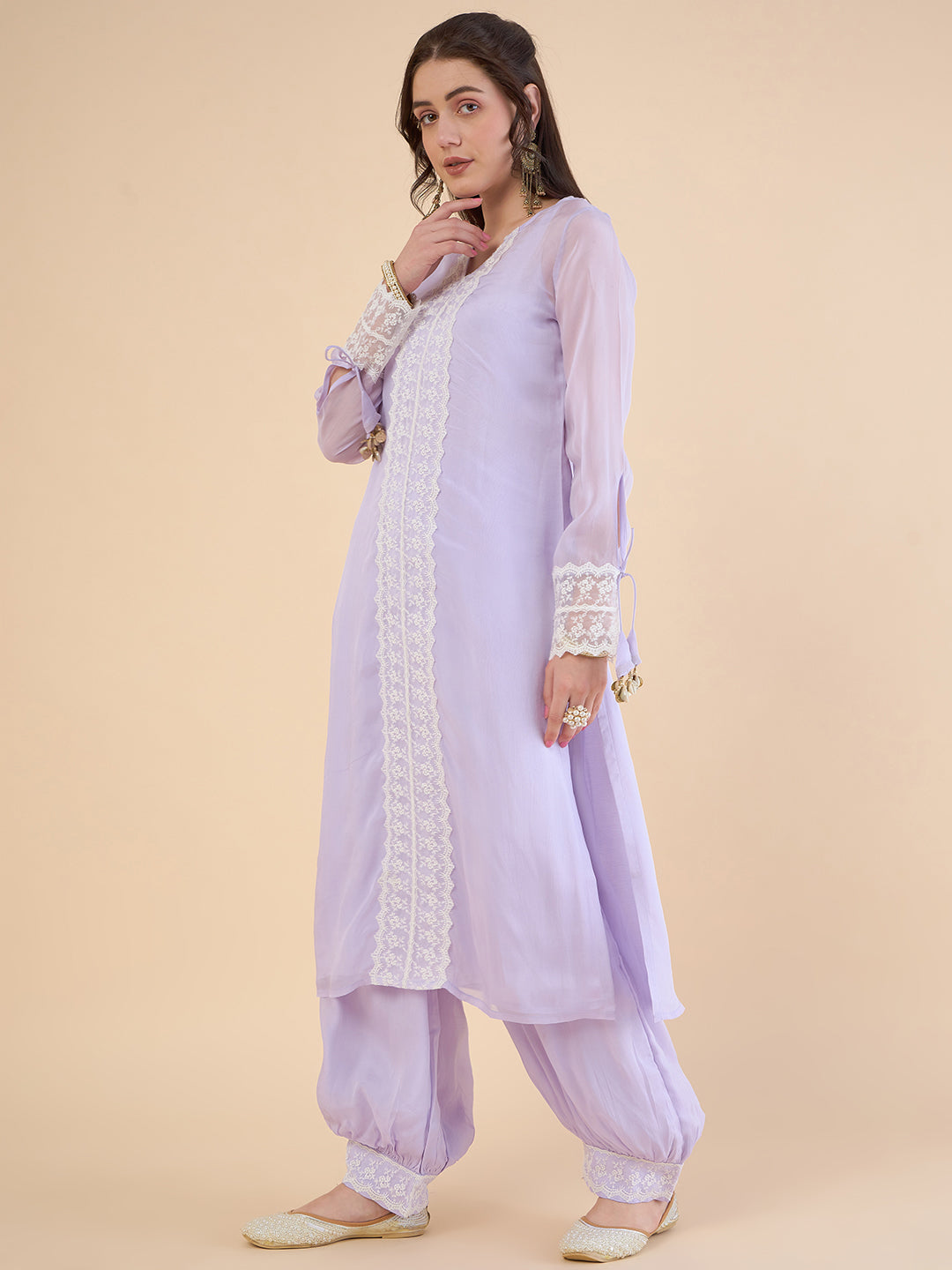 Floral Embroidered Organza Regular Kurta with Salwar
