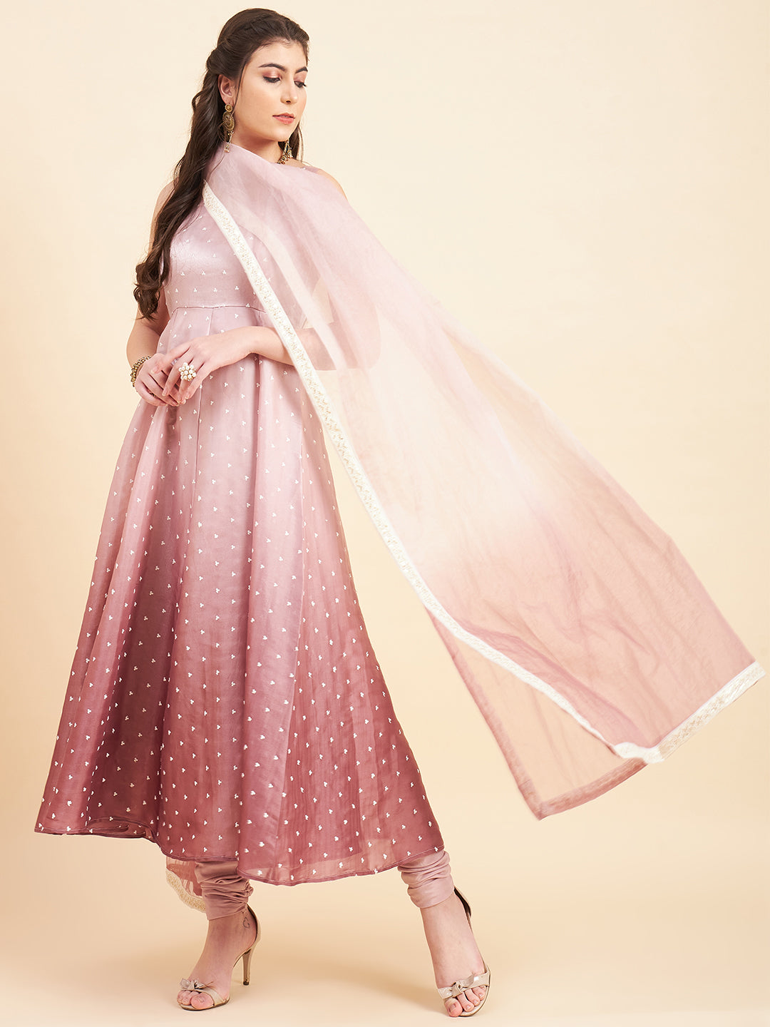 Embroidered Empire Sequinned Silk Crepe Kurta with Churidar & With Dupatta