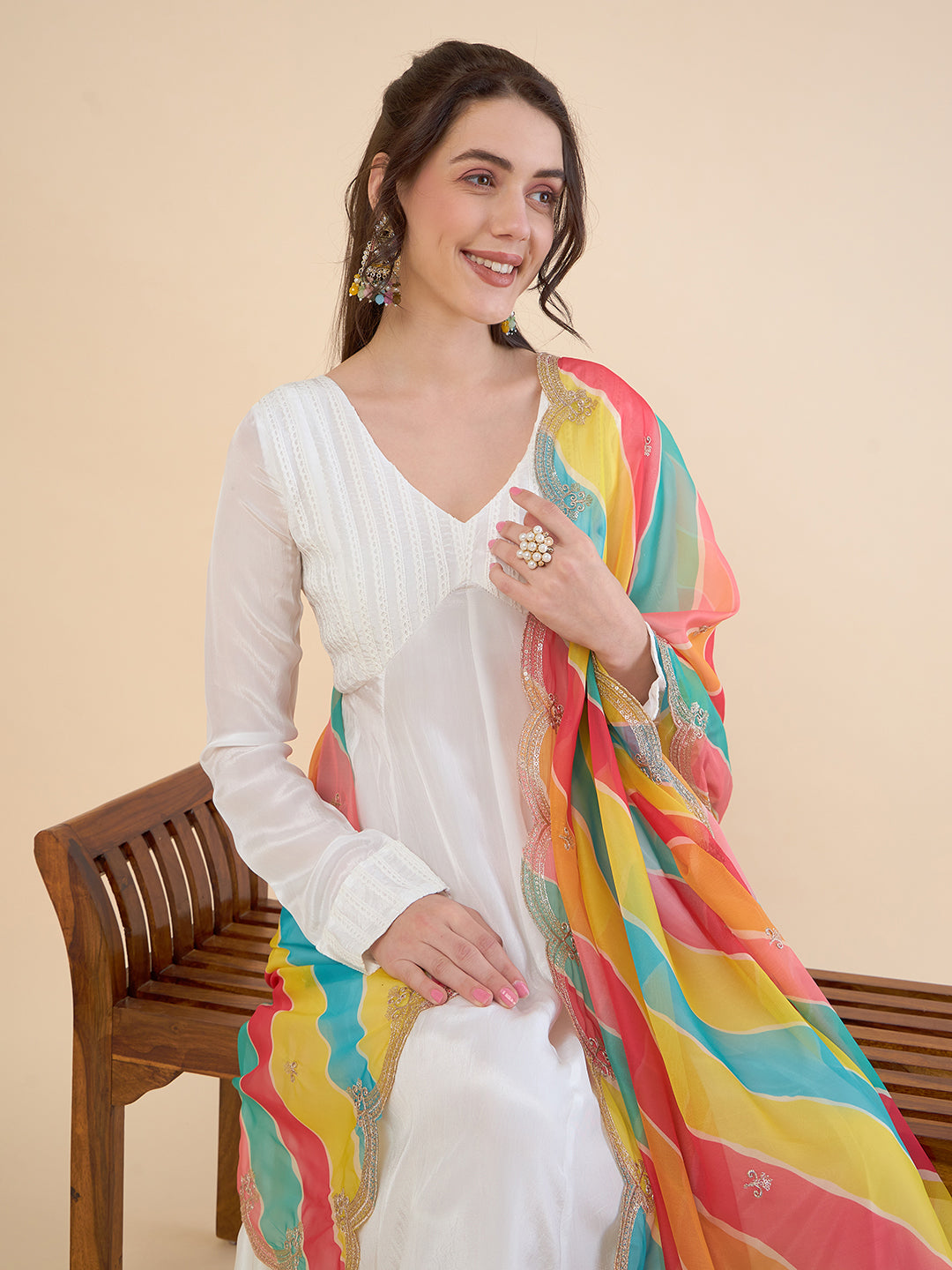 Yoke Design Thread Work V-Neck Anarkali Kurta With Churidar & Dupatta
