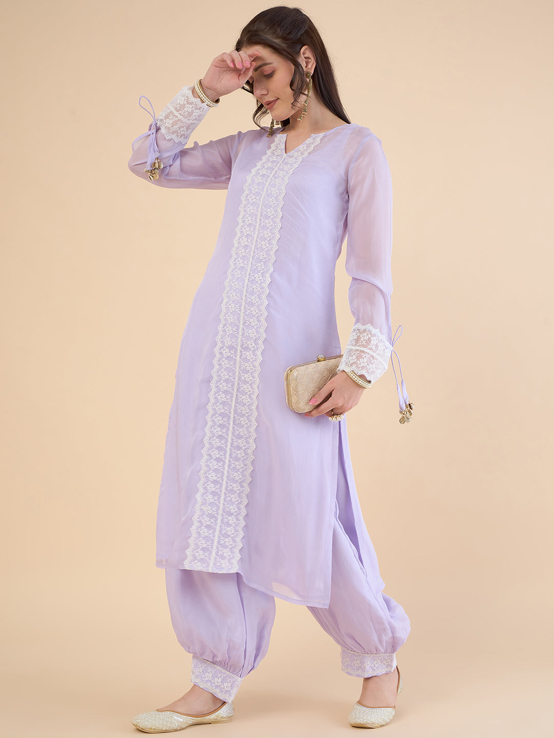 Floral Embroidered Organza Regular Kurta with Salwar