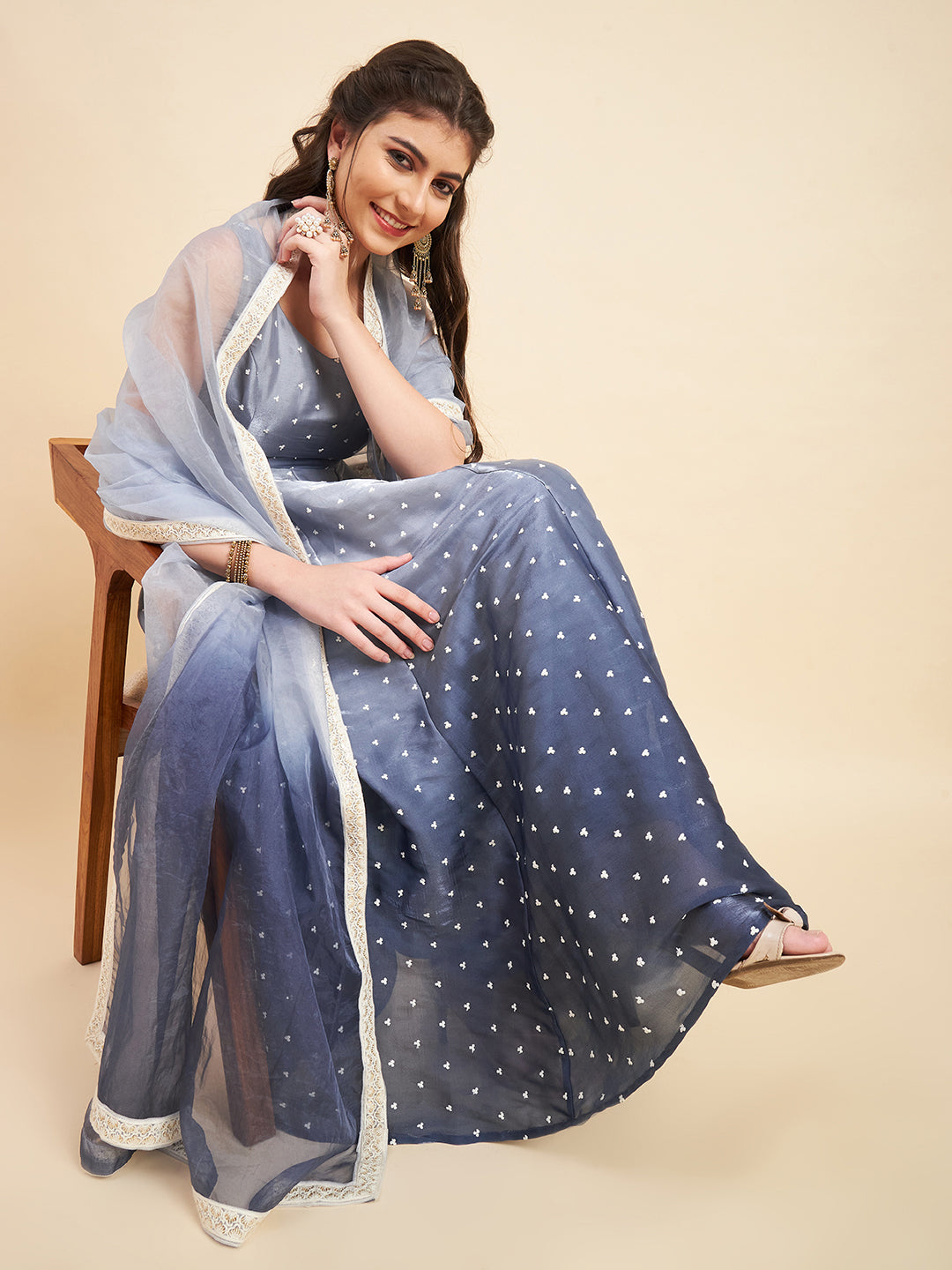 Embroidered Empire Sequinned Silk Crepe Kurta with Churidar & With Dupatta