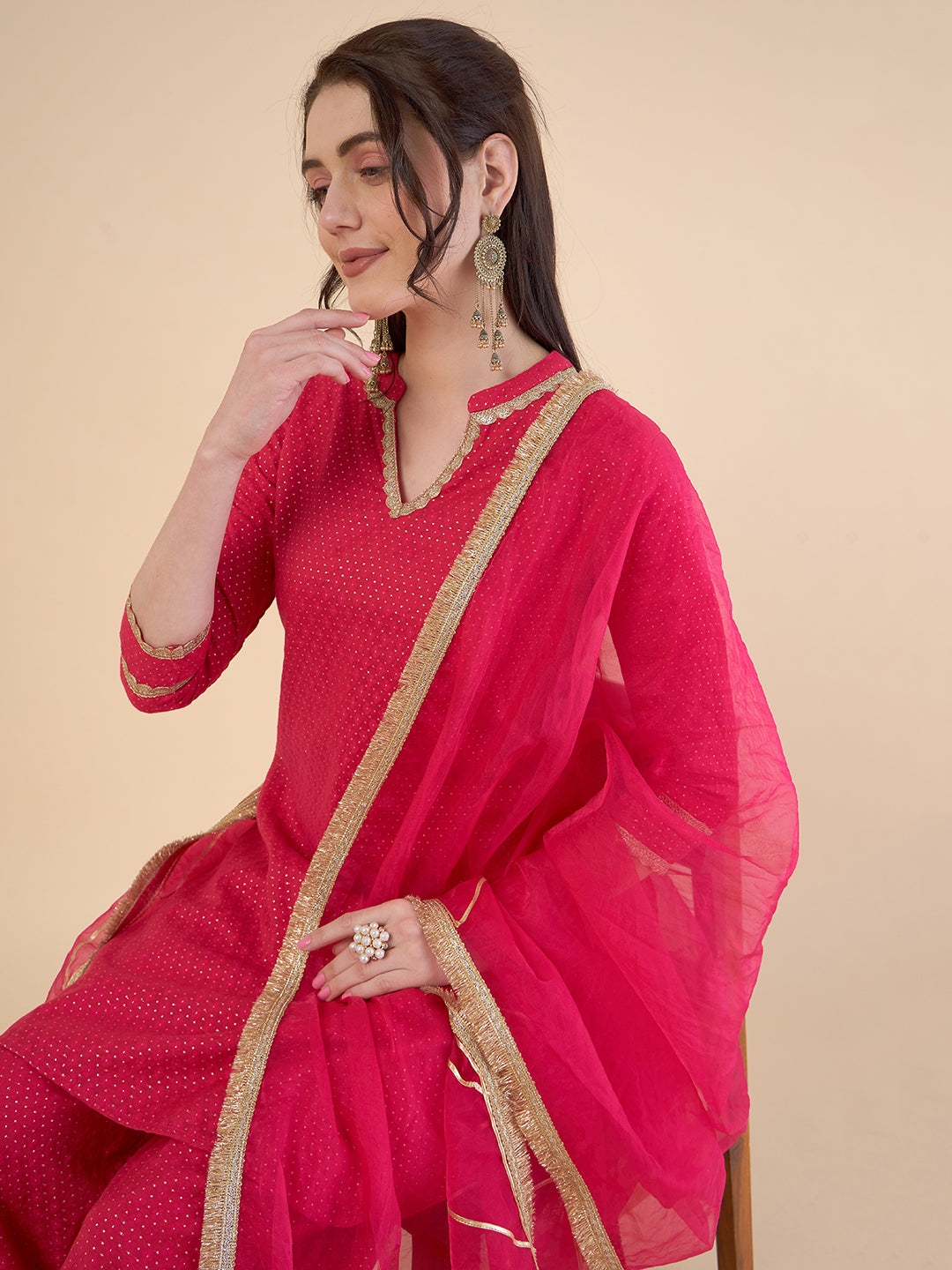 Woven Design Kurta With Salwar With Dupatta