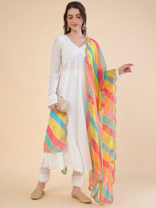 Yoke Design Thread Work V-Neck Anarkali Kurta With Churidar & Dupatta