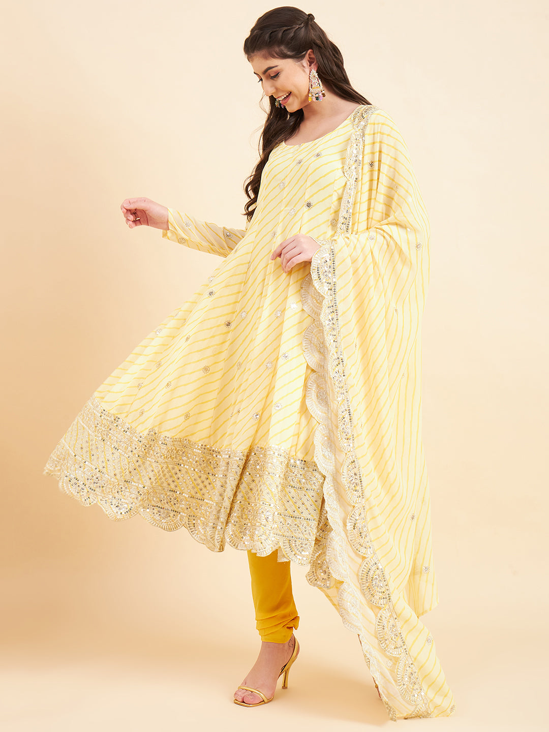 Leheriya Embroidered Empire Beads and Stones Silk Crepe Kurta Churidar & Dupatta