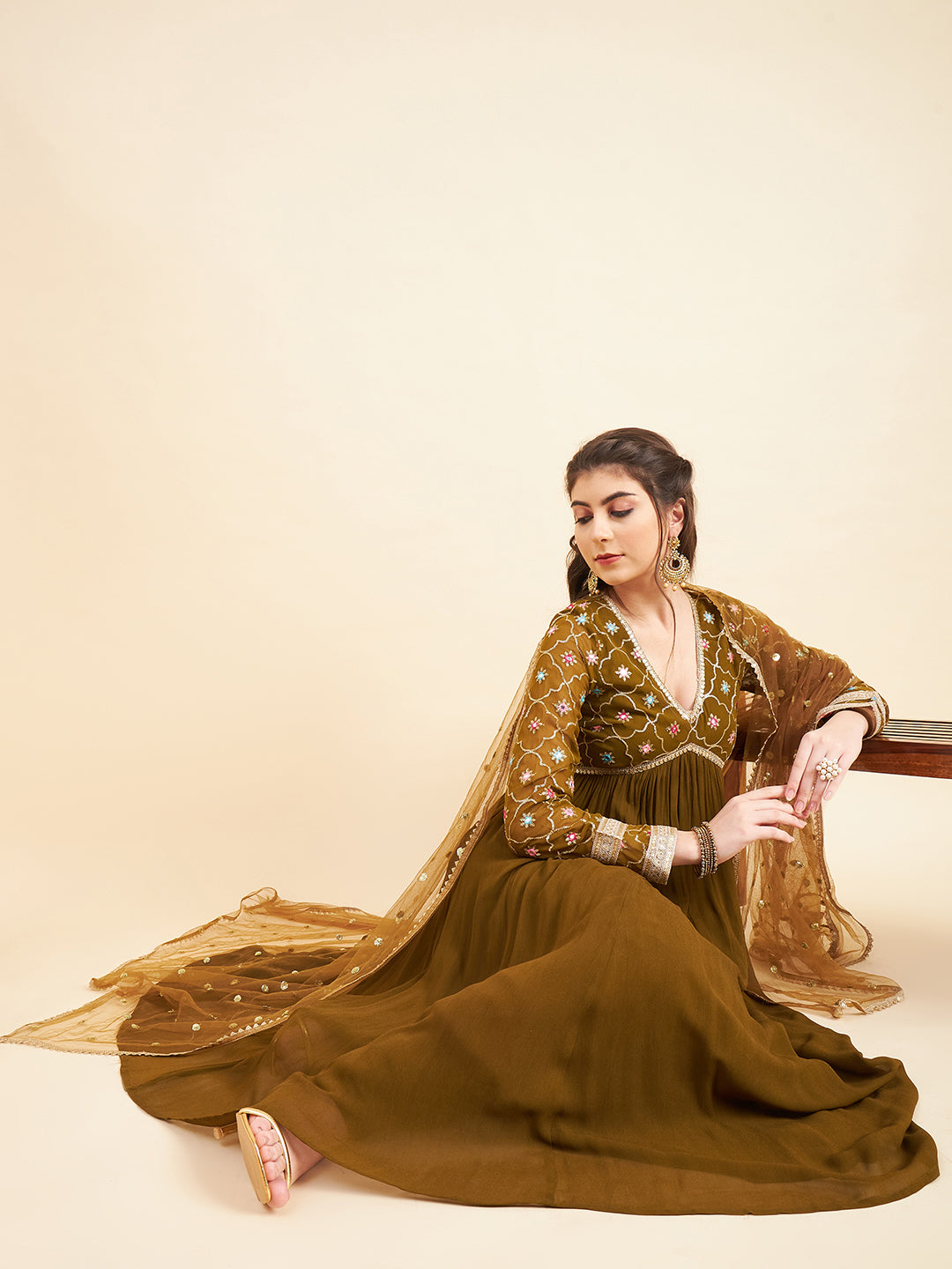 Floral Embroidered Empire Sequinned Kurta With Churidar & Dupatta