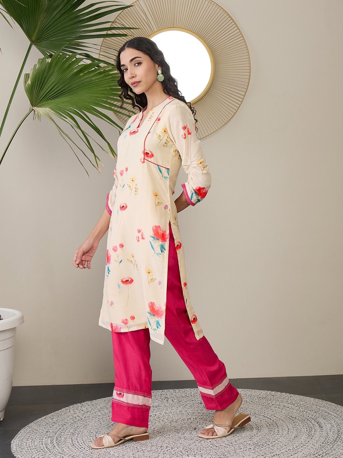 Floral Printed Notch Neck Regular Straight Kurta With Trousers
