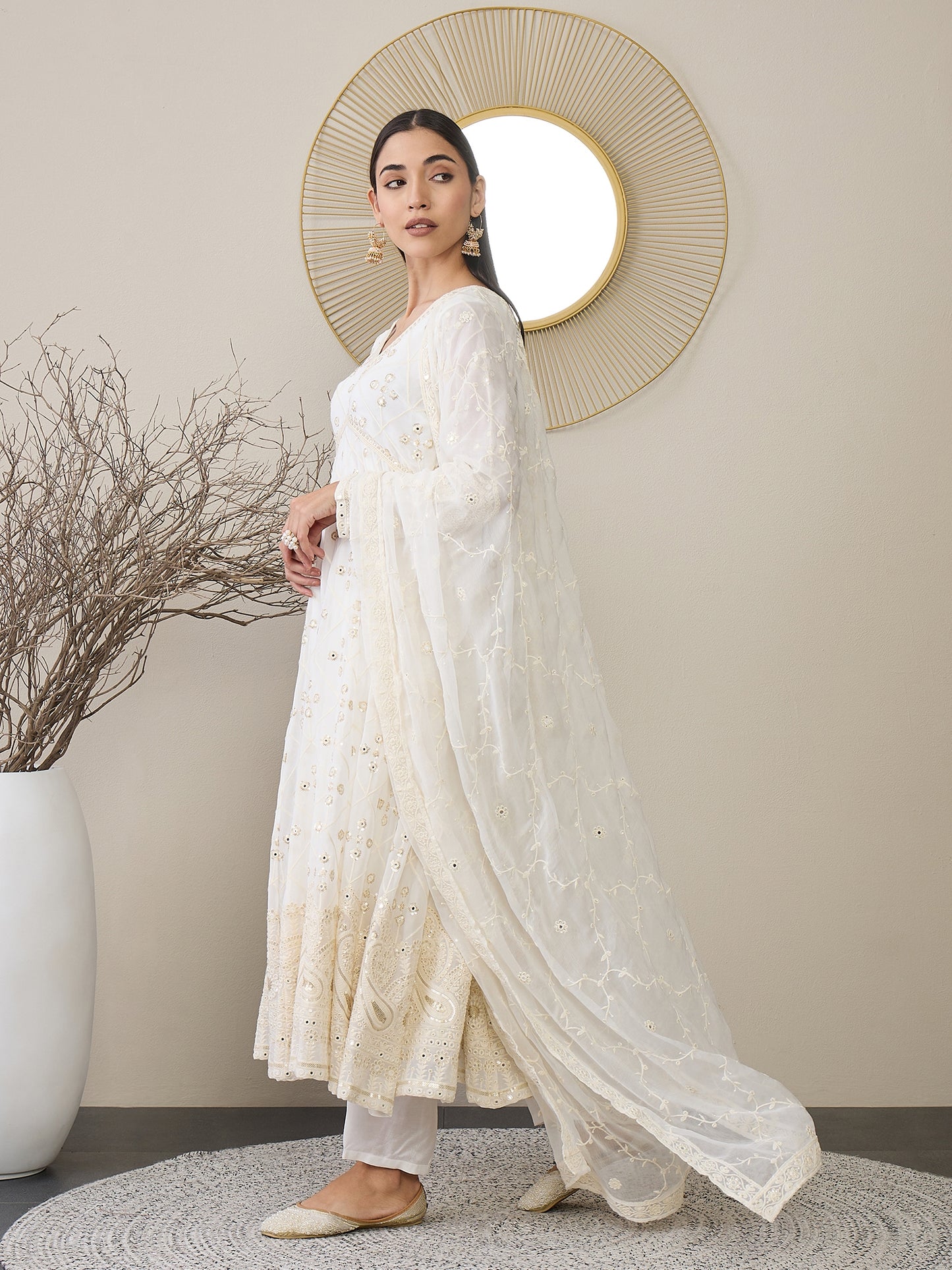 V-Neck Floral Embroidered Empire Mirror Work Anarkali Kurta with Trouser & Dupatta