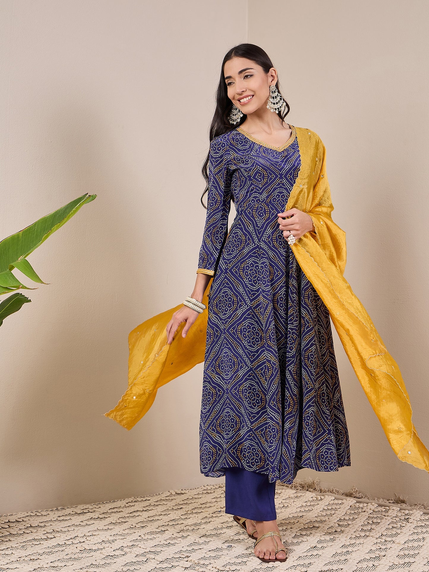 Bandhani Printed Regular Anarkali Kurta With Trousers & Dupatta