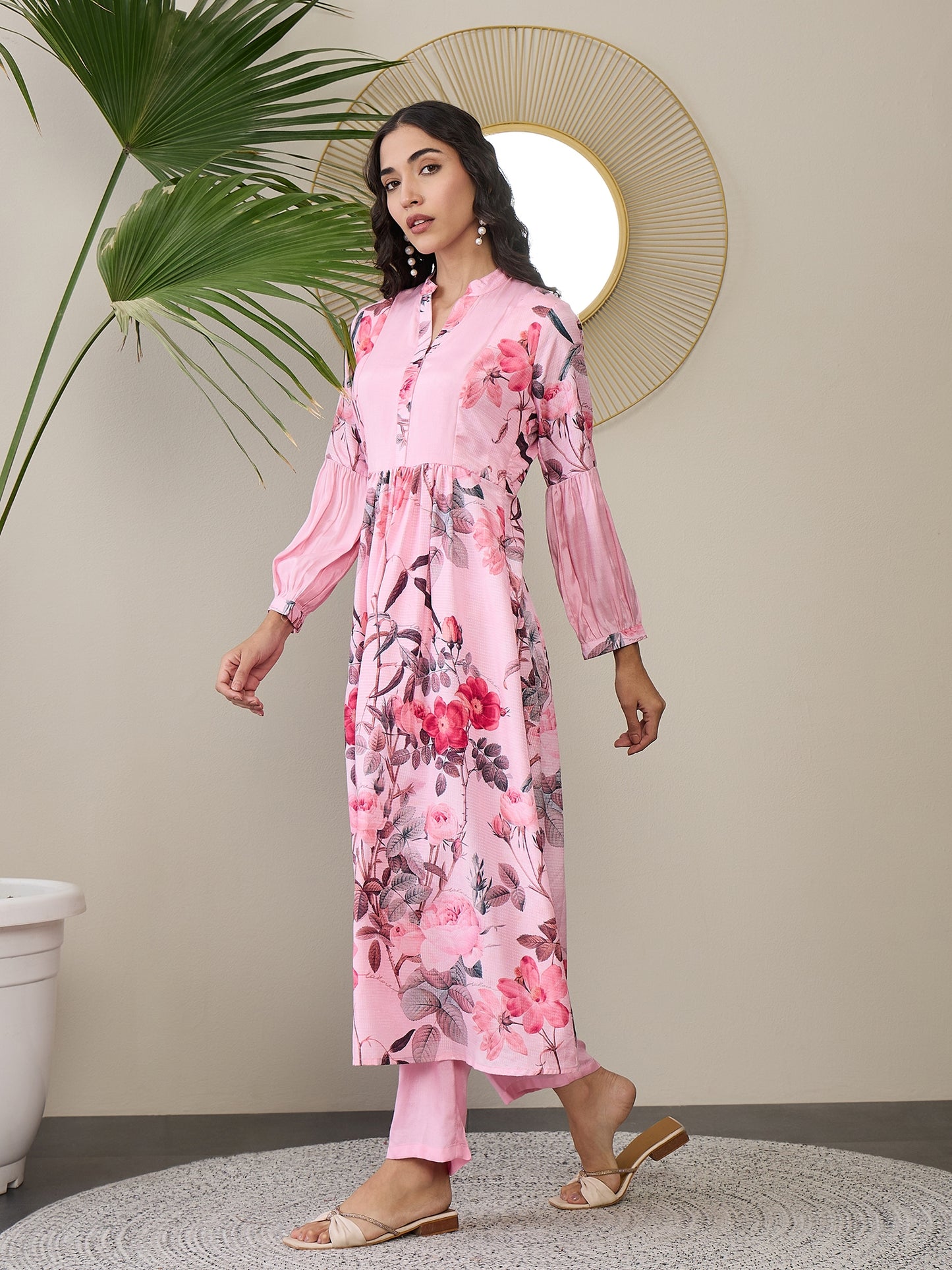 Floral Printed Mandarin Collar Puffed Sleeves Anarkali Kurta With Trousers