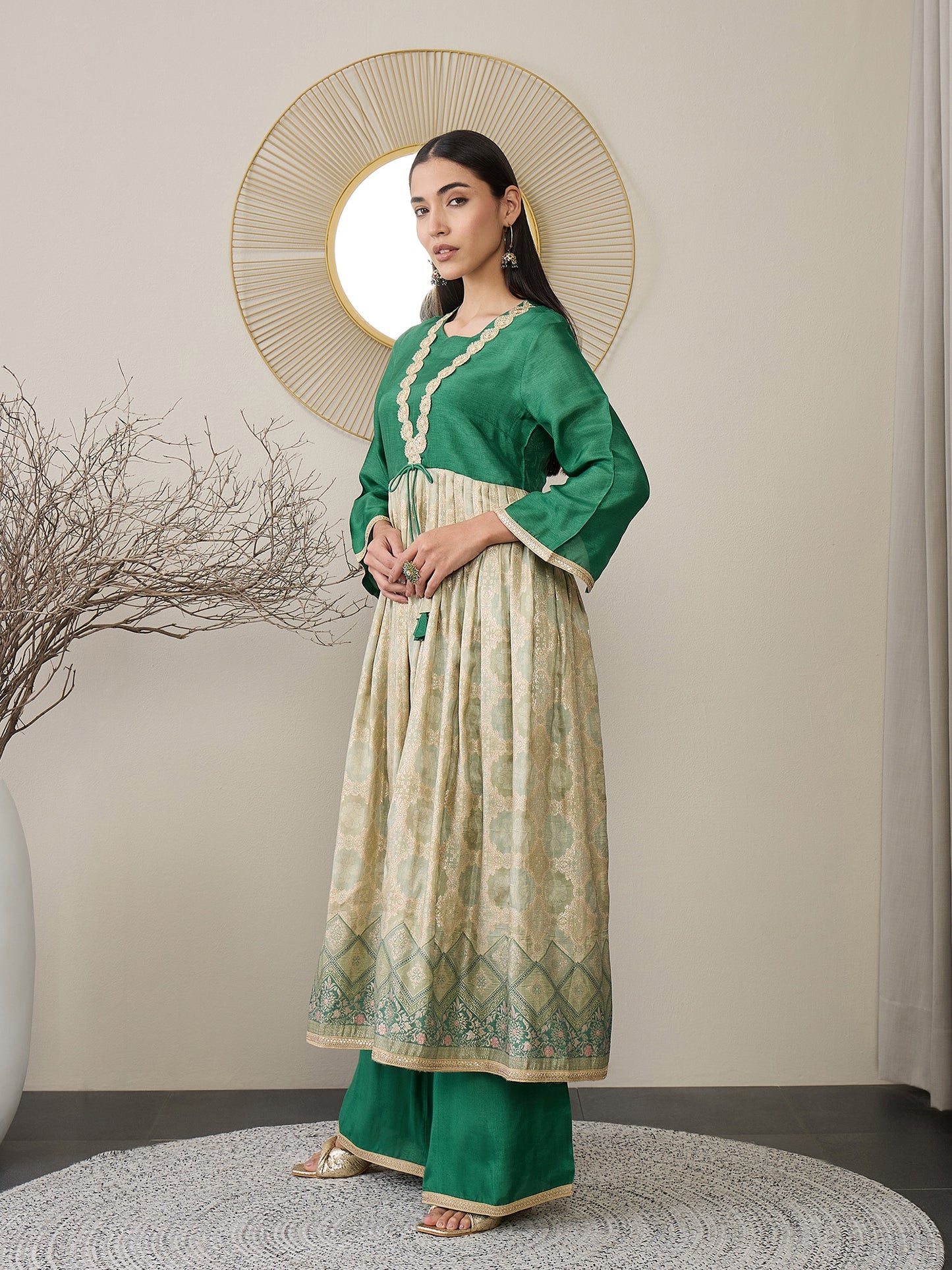 Ethnic Motifs Printed Square Neck Gotta Patti Tissue Anarkali Kurta With Palazzos