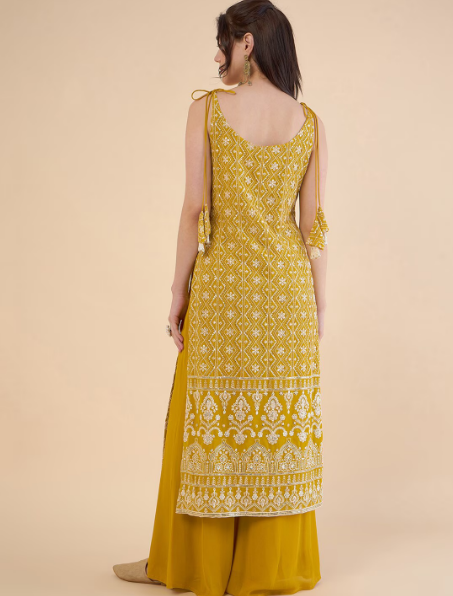 Paisley Embroidered High Slit Chikankari Kurta with Palazzos