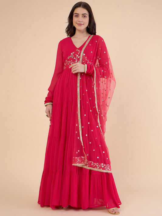 Floral Embroidered Gathered Tiered Georgette Maxi Ethnic Dress With Dupatta