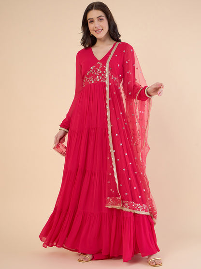 Floral Embroidered Gathered Tiered Georgette Maxi Ethnic Dress With Dupatta