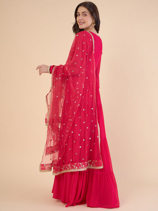 Floral Embroidered Gathered Tiered Georgette Maxi Ethnic Dress With Dupatta