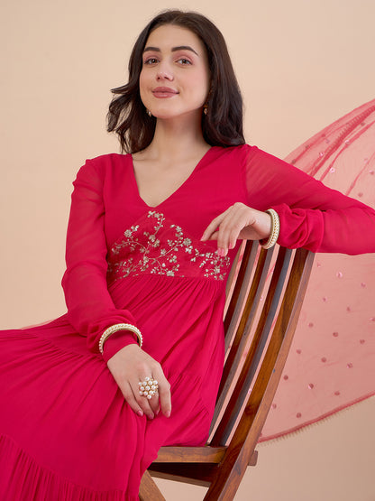 Floral Embroidered Gathered Tiered Georgette Maxi Ethnic Dress With Dupatta