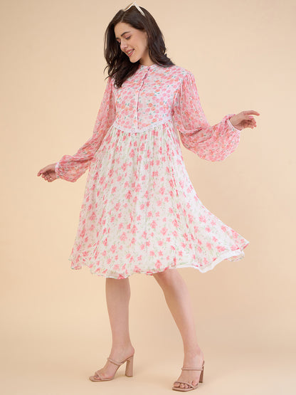 Floral Print Puff Sleeves Chiffon Gathered Or Pleated A-Line Dress