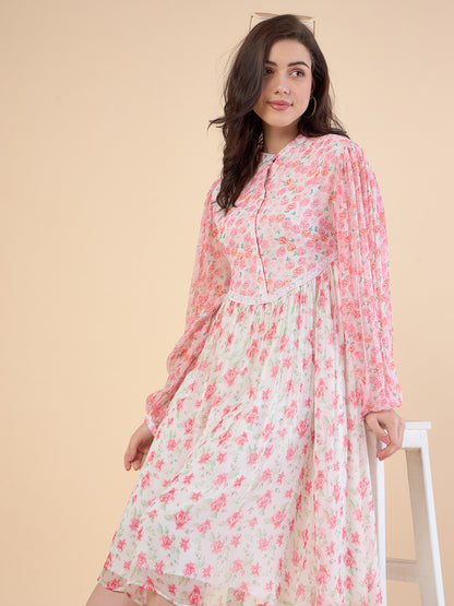 Floral Print Puff Sleeves Chiffon Gathered Or Pleated A-Line Dress