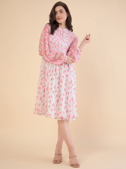 Floral Print Puff Sleeves Chiffon Gathered Or Pleated A-Line Dress