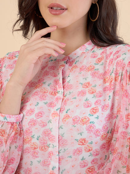 Floral Print Puff Sleeves Chiffon Gathered Or Pleated A-Line Dress