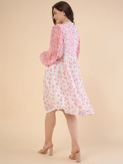 Floral Print Puff Sleeves Chiffon Gathered Or Pleated A-Line Dress
