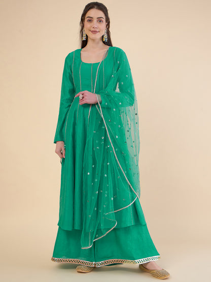 Women Panelled Gotta Patti Chanderi Silk Kurta with Palazzos & With Dupatta