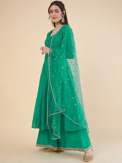 Women Panelled Gotta Patti Chanderi Silk Kurta with Palazzos & With Dupatta