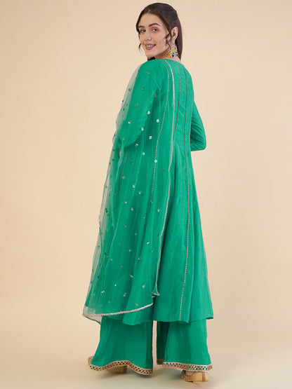 Women Panelled Gotta Patti Chanderi Silk Kurta with Palazzos & With Dupatta