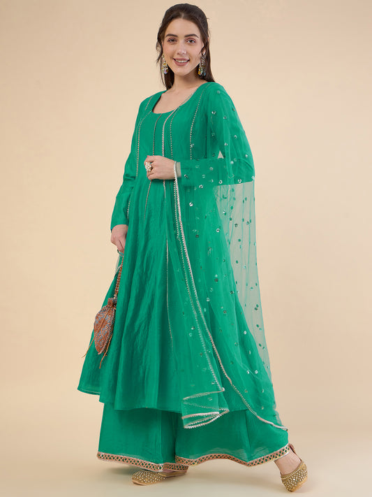 Women Panelled Gotta Patti Chanderi Silk Kurta with Palazzos & With Dupatta