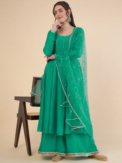Women Panelled Gotta Patti Chanderi Silk Kurta with Palazzos & With Dupatta