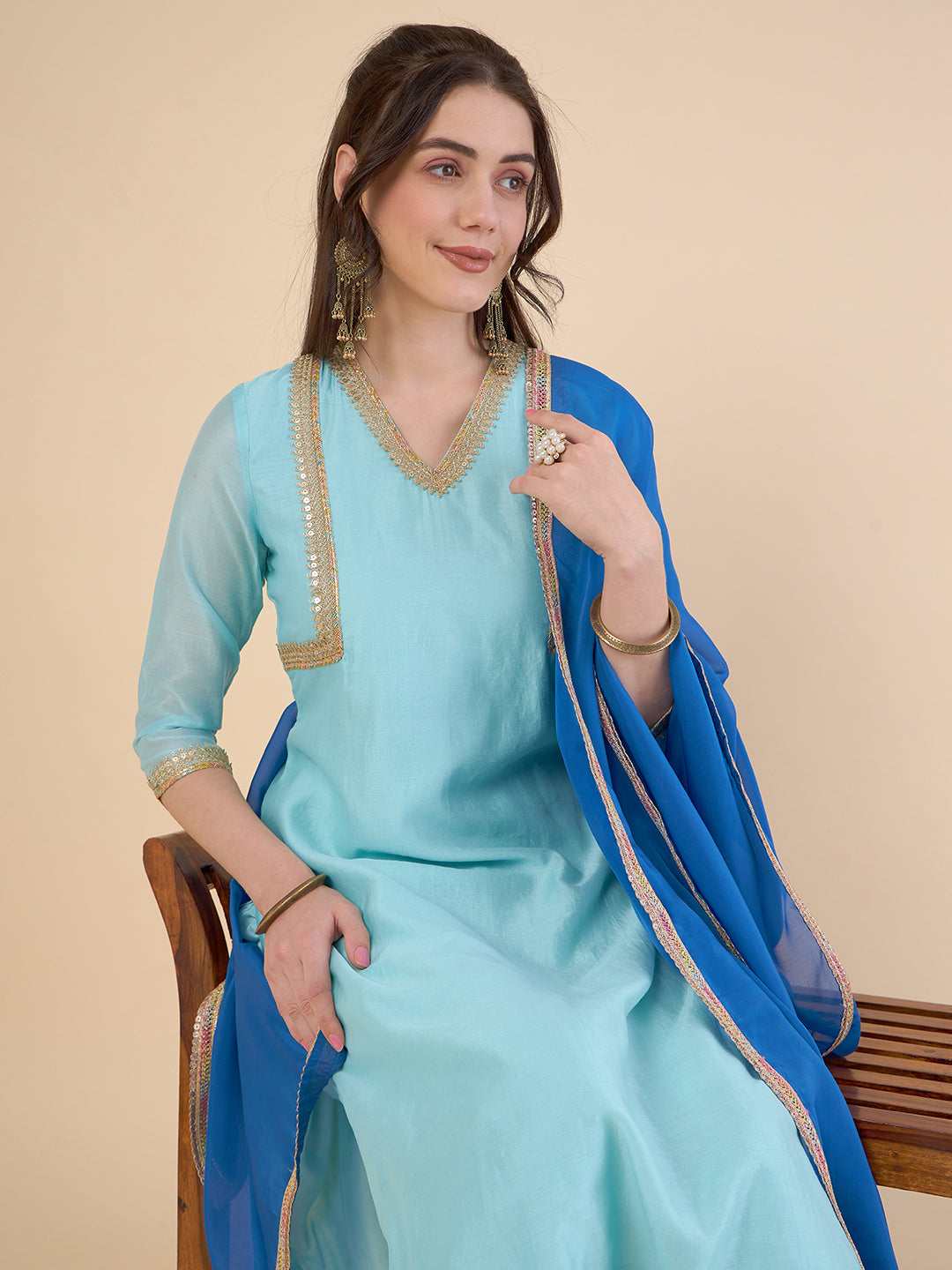 Women Regular Gotta Patti Kurti with Trousers & With Dupatta