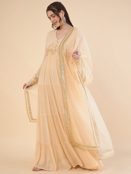 V-Neck Gathered Tiered Georgette Maxi Ethnic Dress With Organza Dupatta