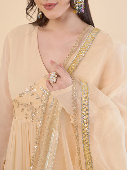 V-Neck Gathered Tiered Georgette Maxi Ethnic Dress With Organza Dupatta