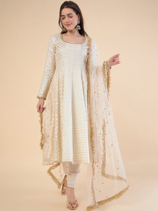 Embroidered Panelled Chanderi Silk Kurta with Churidar & With Dupatta