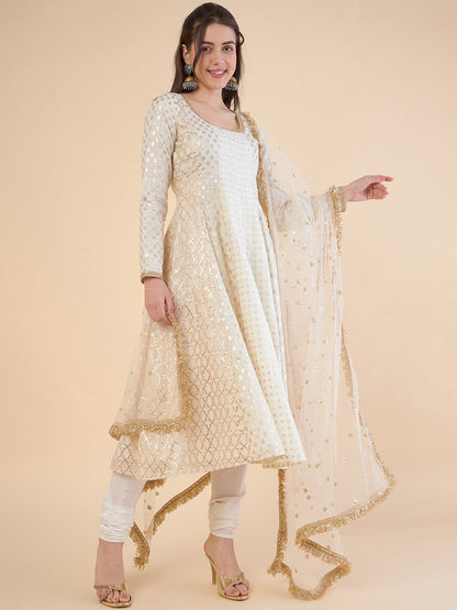 Embroidered Panelled Chanderi Silk Kurta with Churidar & With Dupatta