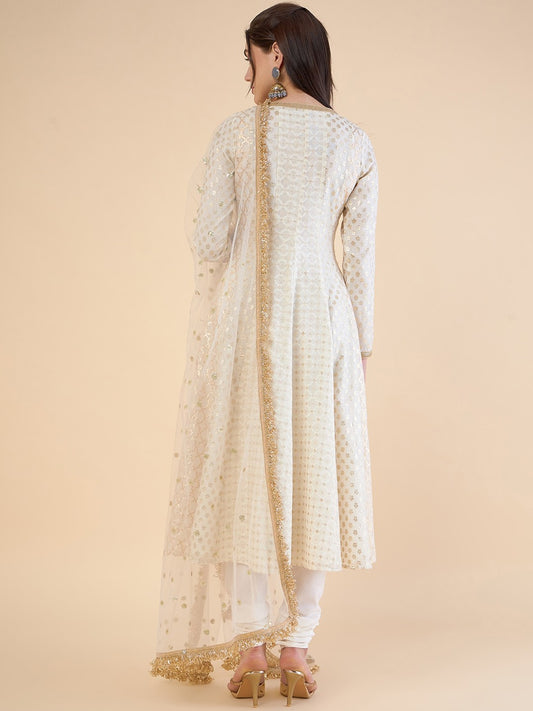 Embroidered Panelled Chanderi Silk Kurta with Churidar & With Dupatta