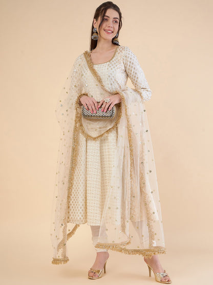 Embroidered Panelled Chanderi Silk Kurta with Churidar & With Dupatta