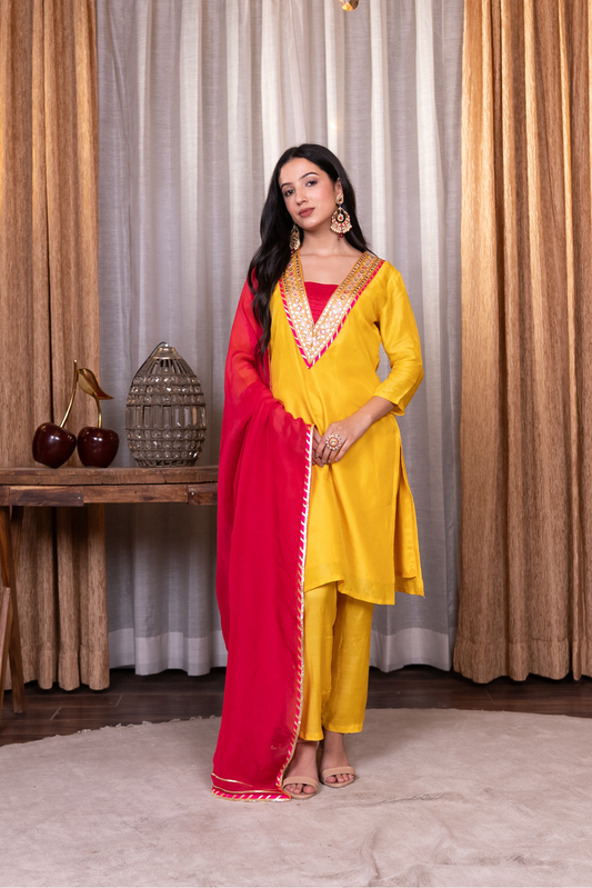Straight lace work kurta with pant and dupatta