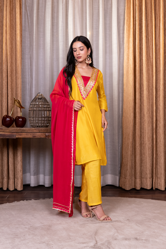 Straight lace work kurta with pant and dupatta