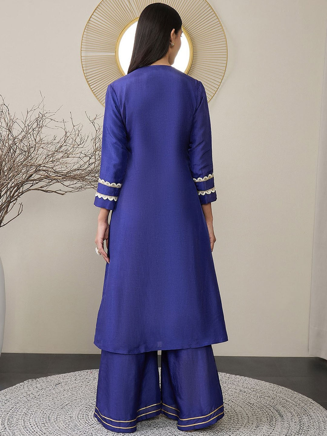 Adornia Solid Silk Blend Angrakha Kurta Set with Gotta Patti Detailing