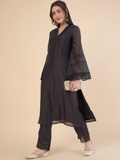 Black Embroidered Kurta With Trousers