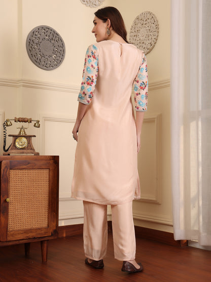 Floral Printed Sequinned Straight Kurta With Trouser And Dupatta