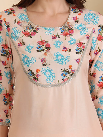 Floral Printed Sequinned Straight Kurta With Trouser And Dupatta