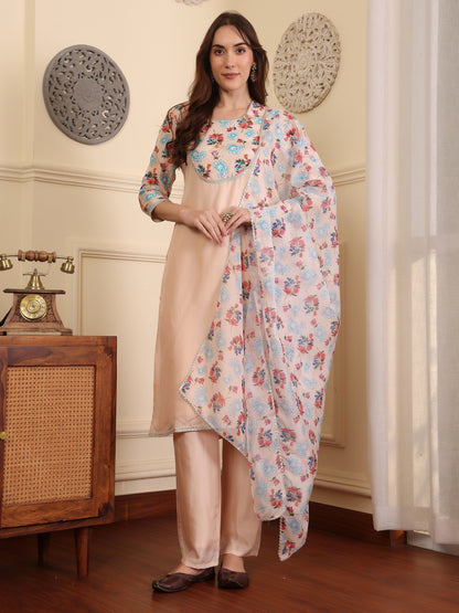 Floral Printed Sequinned Straight Kurta With Trouser And Dupatta