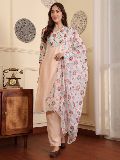 Floral Printed Sequinned Straight Kurta With Trouser And Dupatta