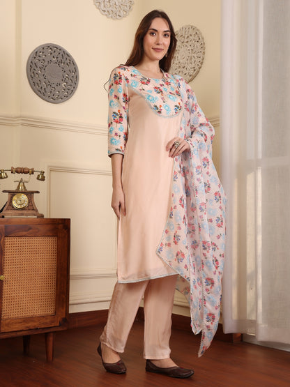 Floral Printed Sequinned Straight Kurta With Trouser And Dupatta