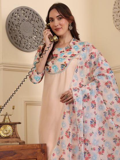 Floral Printed Sequinned Straight Kurta With Trouser And Dupatta