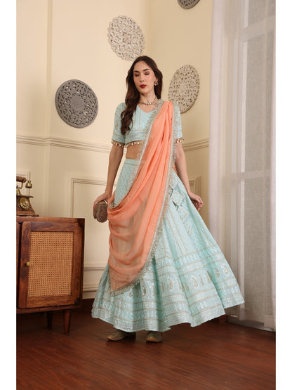 Embroidered Sequinned Lehenga & Blouse With Dupatta