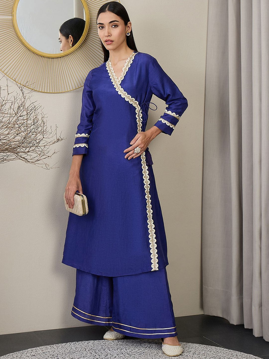 Adornia Solid Silk Blend Angrakha Kurta Set with Gotta Patti Detailing